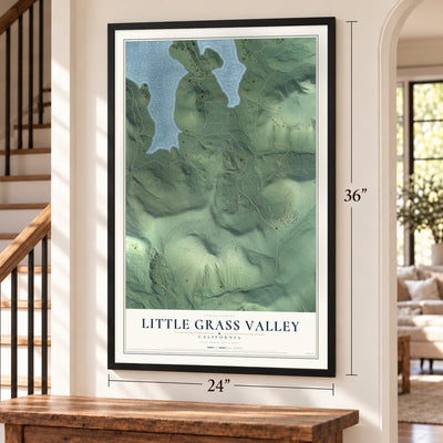 Little Grass Valley, California map, 24 x 36 inch print in a black frame by a staircase
