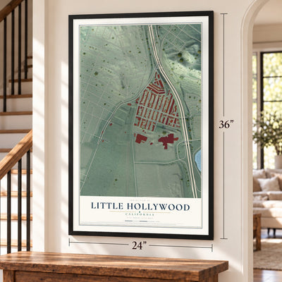 Little Hollywood, California map, 24 x 36 inch print in a black frame by a staircase