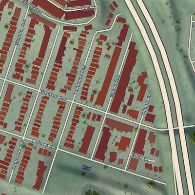 Close-up of the map of Little Hollywood, California print showing street and building detail
