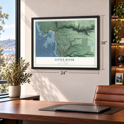 Little River, California map, 18 x 24 inch print in a black frame in a home office
