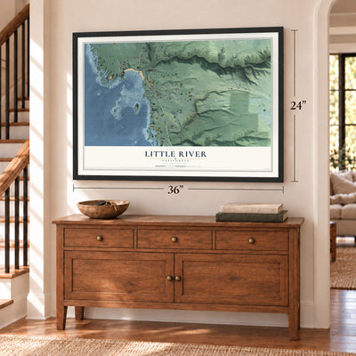 Little River, California map, 24 x 36 inch print in a black frame above a dresser by a staircase