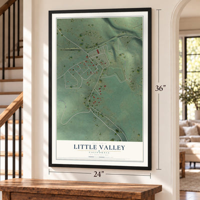 Little Valley, California map, 24 x 36 inch print in a black frame by a staircase