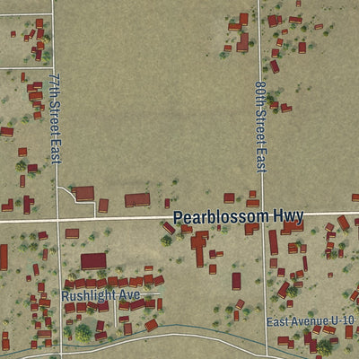 Close-up of the map of Littlerock, California print showing street and building detail