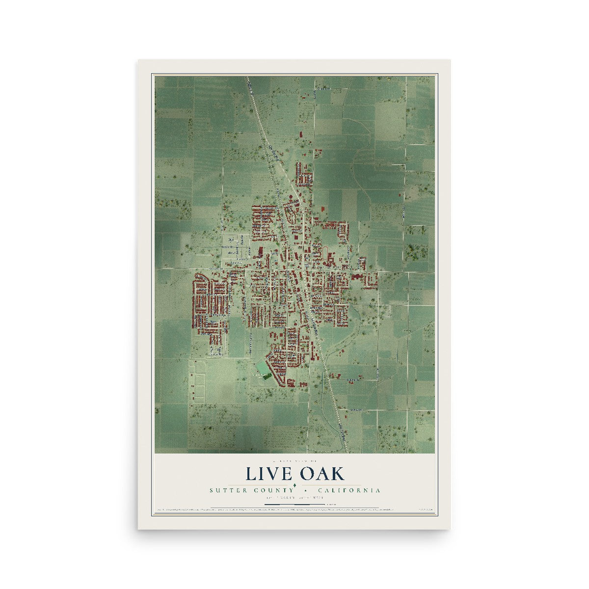 Map of Live Oak, Sutter County, California, 12 x 18 inch unframed archival matte print
