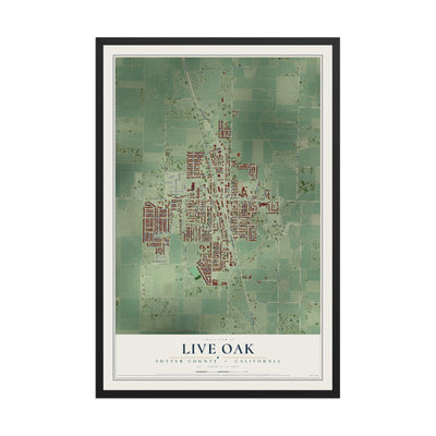 Map of Live Oak, Sutter County, California, 12 x 18 inch print in a black wood frame