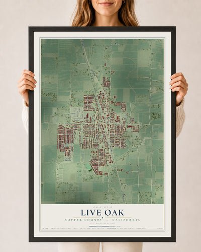 Map of Live Oak, Sutter County, California, 24 x 36 inch print in a black wood frame