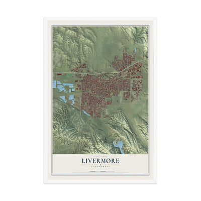 Map of Livermore, California, 12 x 18 inch print in a white wood frame