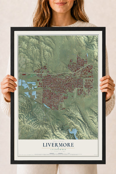 Map of Livermore, California, 18 x 24 inch print in a black wood frame