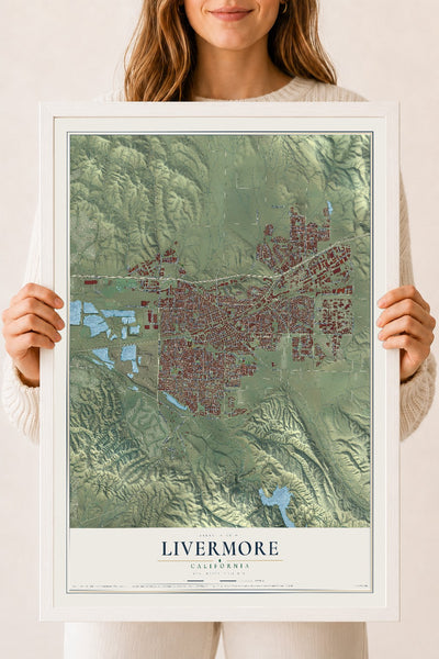 Map of Livermore, California, 18 x 24 inch print in a white wood frame