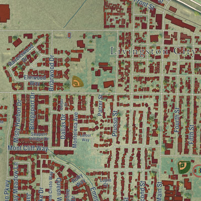 Close-up of the map of Livingston, California print showing street and building detail