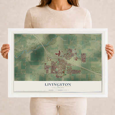 Map of Livingston, California, 12 x 18 inch print in a white wood frame