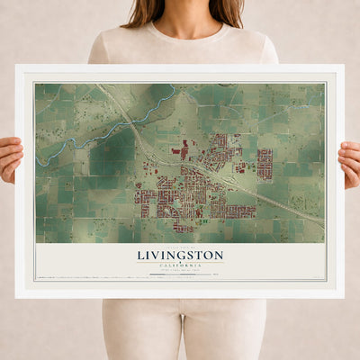 Map of Livingston, California, 18 x 24 inch print in a white wood frame
