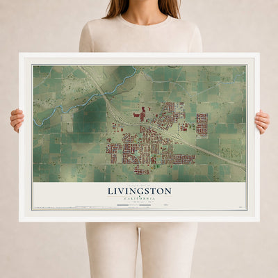 Map of Livingston, California, 24 x 36 inch print in a white wood frame