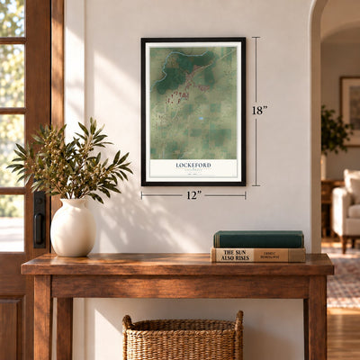 Lockeford, California map, 12 x 18 inch print in a black frame in an entryway