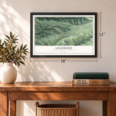 Lockwood, California map, 12 x 18 inch print in a black frame in an entryway