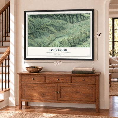 Lockwood, California map, 24 x 36 inch print in a black frame above a dresser by a staircase