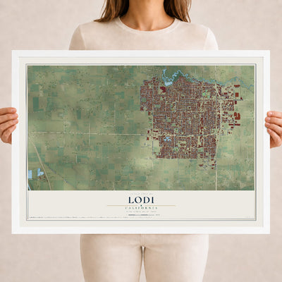 Map of Lodi, California, 18 x 24 inch print in a white wood frame