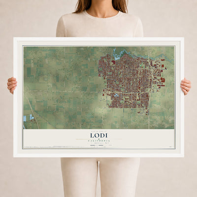 Map of Lodi, California, 24 x 36 inch print in a white wood frame