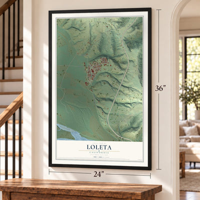 Loleta, California map, 24 x 36 inch print in a black frame by a staircase