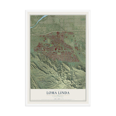 Map of Loma Linda, California, 12 x 18 inch print in a white wood frame