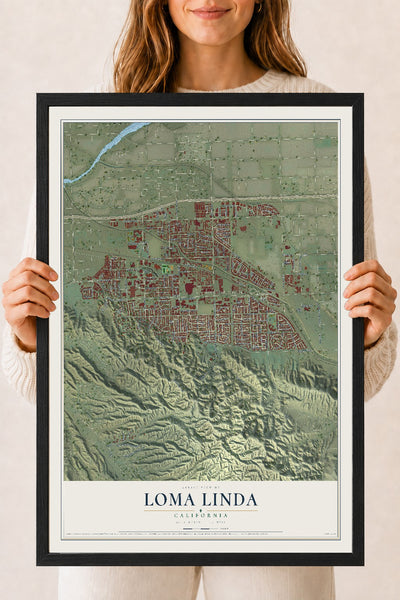 Map of Loma Linda, California, 18 x 24 inch print in a black wood frame