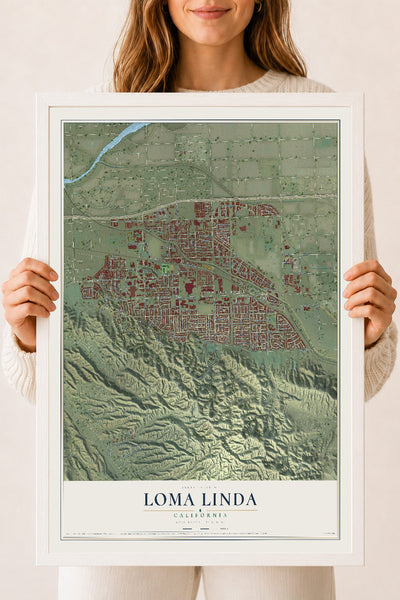 Map of Loma Linda, California, 18 x 24 inch print in a white wood frame