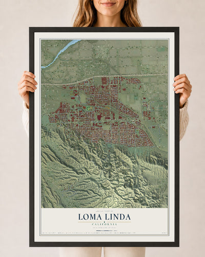 Map of Loma Linda, California, 24 x 36 inch print in a black wood frame