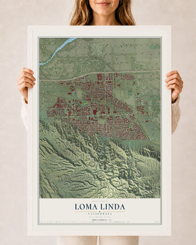 Map of Loma Linda, California, 24 x 36 inch print in a white wood frame