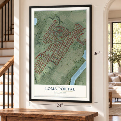 Loma Portal, California map, 24 x 36 inch print in a black frame by a staircase