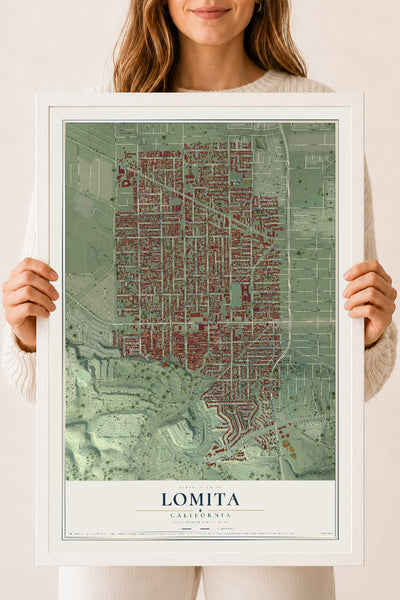 Map of Lomita, California, 18 x 24 inch print in a white wood frame