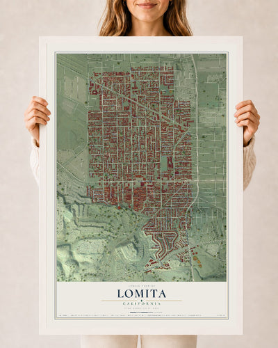 Map of Lomita, California, 24 x 36 inch print in a white wood frame