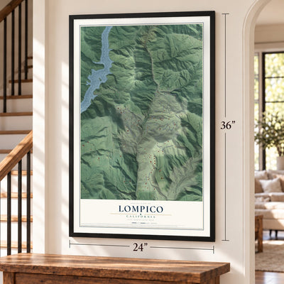 Lompico, California map, 24 x 36 inch print in a black frame by a staircase