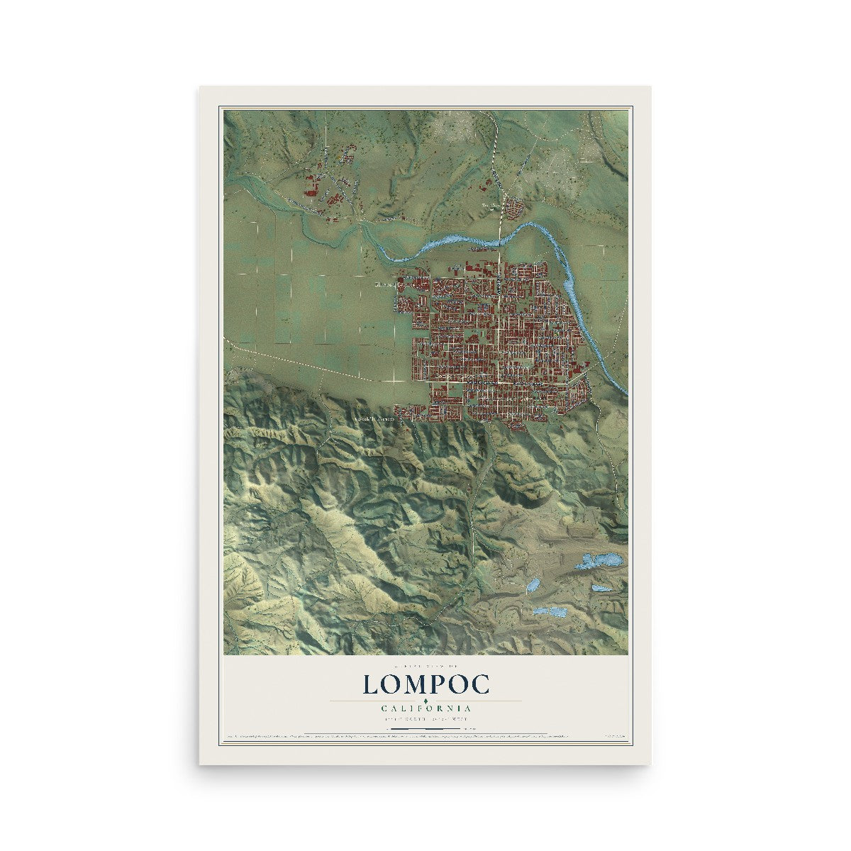 Map of Lompoc, California, 12 x 18 inch unframed archival matte print
