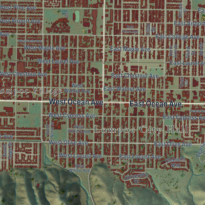 Close-up of the map of Lompoc, California print showing street and building detail