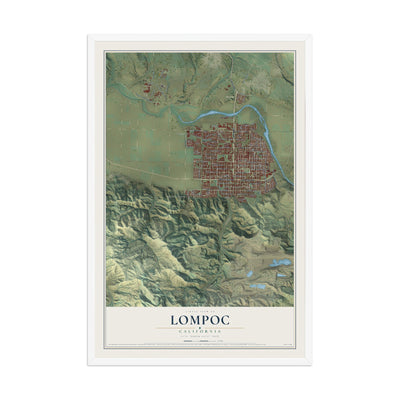 Map of Lompoc, California, 12 x 18 inch print in a white wood frame