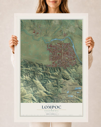 Map of Lompoc, California, 24 x 36 inch print in a white wood frame