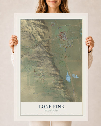 Map of Lone Pine, California, 24 x 36 inch print in a white wood frame