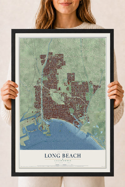 Map of Long Beach, California, 18 x 24 inch print in a black wood frame