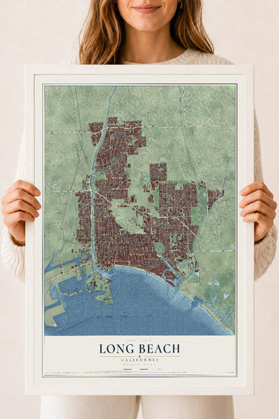 Map of Long Beach, California, 18 x 24 inch print in a white wood frame