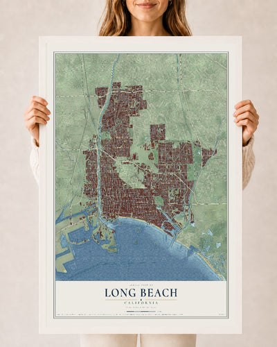 Map of Long Beach, California, 24 x 36 inch print in a white wood frame