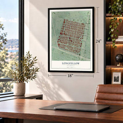 Longfellow, California map, 18 x 24 inch print in a black frame in a home office