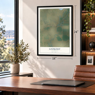 Lookout, California map, 18 x 24 inch print in a black frame in a home office