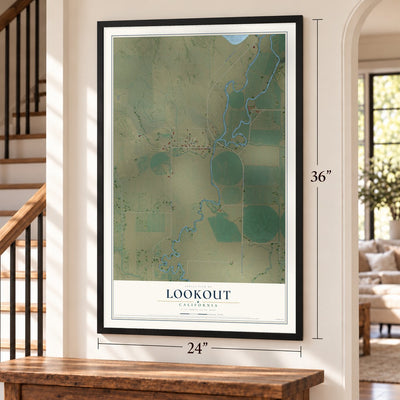 Lookout, California map, 24 x 36 inch print in a black frame by a staircase