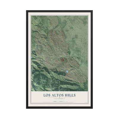 Map of Los Altos Hills, California, 12 x 18 inch print in a black wood frame