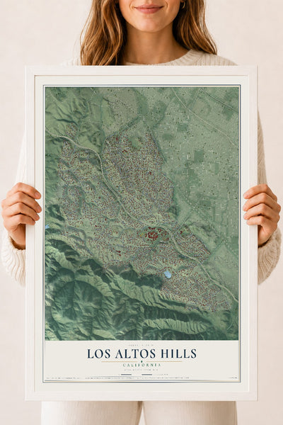 Map of Los Altos Hills, California, 18 x 24 inch print in a white wood frame