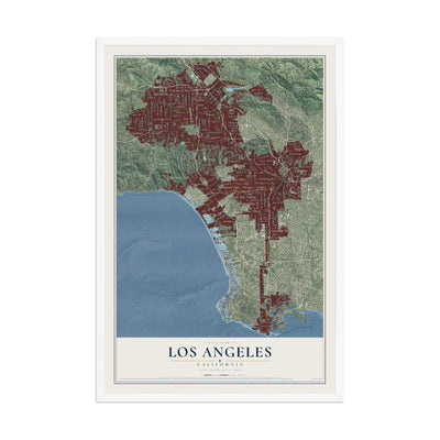 Map of Los Angeles, California, 12 x 18 inch print in a white wood frame