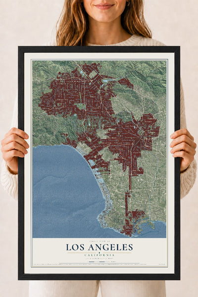 Map of Los Angeles, California, 18 x 24 inch print in a black wood frame
