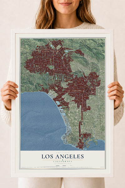 Map of Los Angeles, California, 18 x 24 inch print in a white wood frame