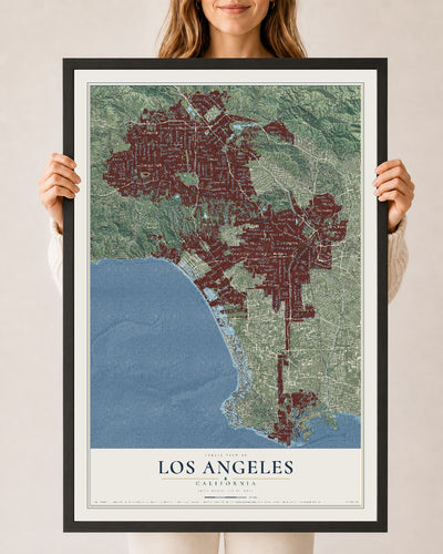 Map of Los Angeles, California, 24 x 36 inch print in a black wood frame