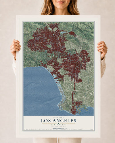 Map of Los Angeles, California, 24 x 36 inch print in a white wood frame